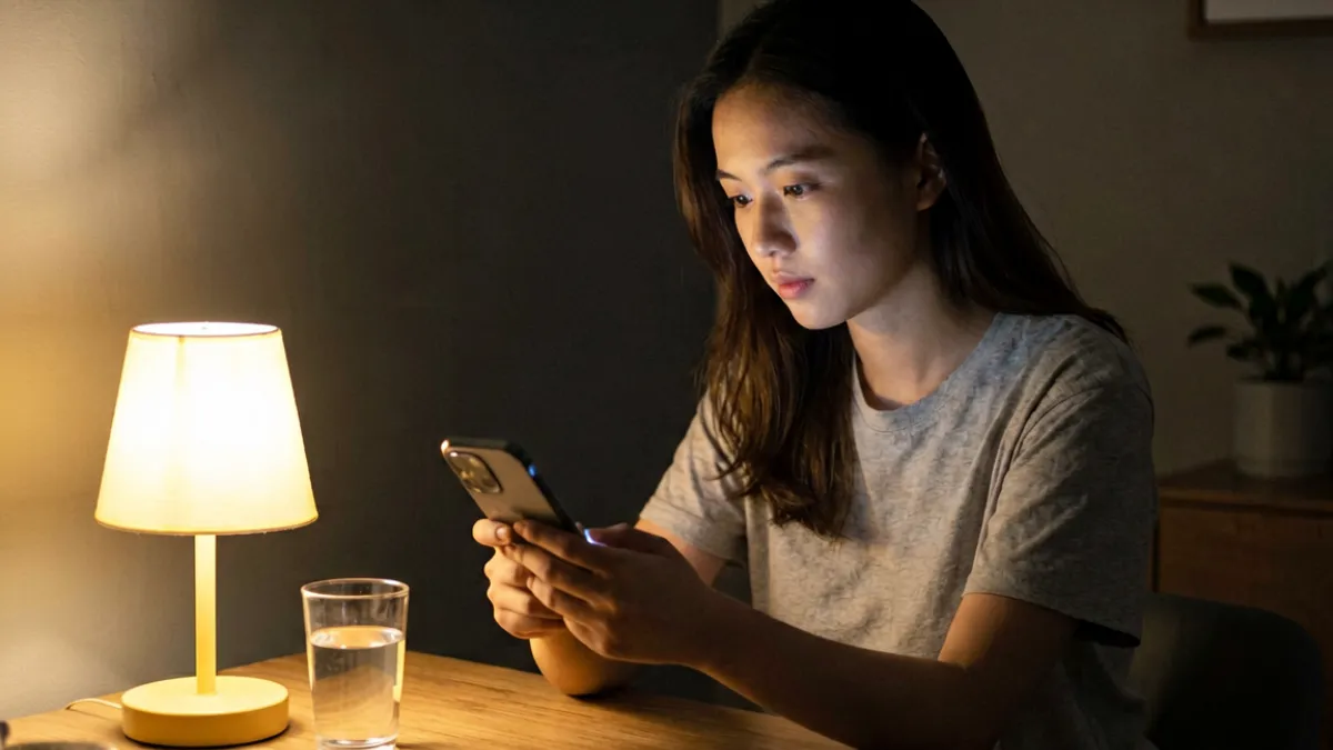 夜间内容创作场景图，展示暖光环境下妹子进行内容录制的真实氛围，契合九九夜夜妹子的风格调性