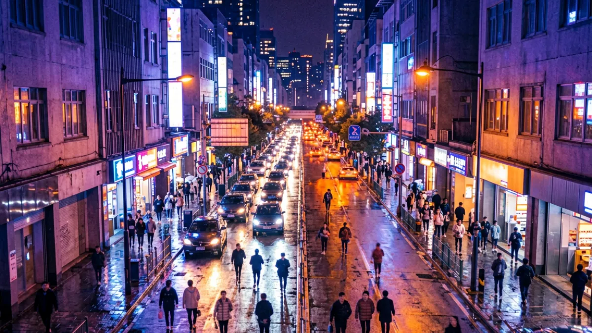 九九夜夜妹子门户首页横幅，展现夜间灯光璀璨的都市街景与内容聚合导览入口